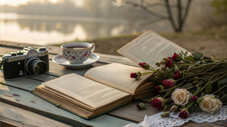 A tranquil scene featuring an open book, a cup of tea, vintage camera, and roses by a lake at sunrise.の写真素材