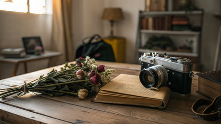 A vintage camera rests on an old book, next to a bouquet of flowers on a wooden table.の写真素材