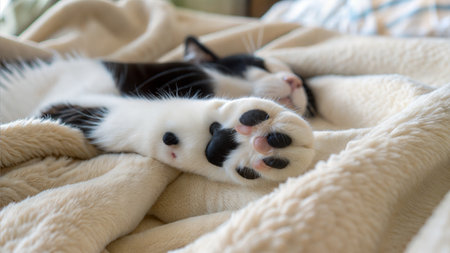 Close-up of a tuxedo cat's paws and face while sleeping on a soft, beige blanket.の写真素材