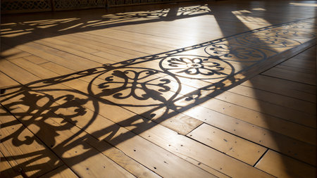 Sunlight casts the shadow of an ornate railing onto a light brown wooden floor, creating a patterned design.の写真素材