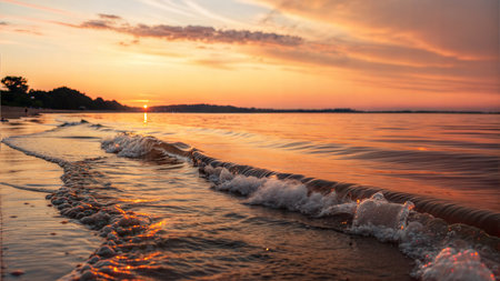 Soft waves gently lapping the shore at sunset, creating a warm, inviting atmosphere.の写真素材