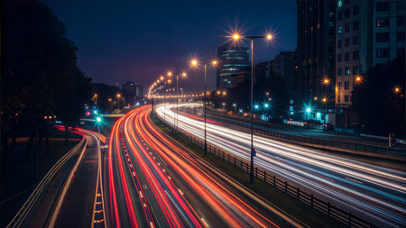 Long exposure shot of a highway at night with light trails from cars and city lights in the background.の写真素材