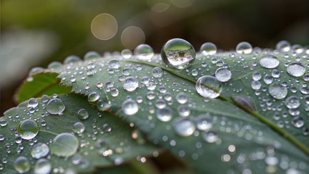 Close-up shot of water droplets on a green leaf, reflecting light and showing various sizes.の写真素材