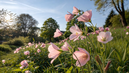 Close-up of delicate pink flowers illuminated by the warm glow of the setting sun in a lush green field.の写真素材
