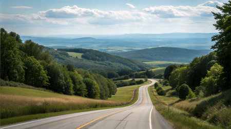 A winding road cuts through lush green hills and valleys under a partly cloudy sky.の写真素材