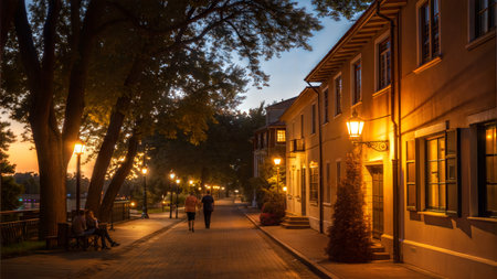 A couple strolls along a tree-lined street at night, illuminated by warm streetlights. Classic buildings line the path.の写真素材