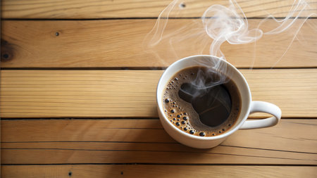A cup of freshly brewed coffee sits on a rustic wooden table, with steam rising from its surface.の写真素材