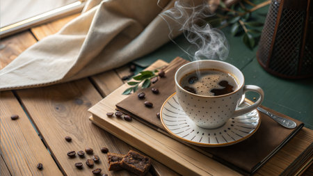 A steaming cup of coffee sits on a rustic wooden table, next to a book and coffee beans.の写真素材