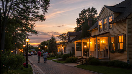 People walking down a brick path at sunset, past charming houses with illuminated windows.の写真素材