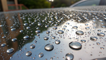 Close-up of water droplets on a shiny car surface after rain or car wash. The droplets vary in size and are illuminated by sunlight, creating a reflective and glistening effect.の写真素材
