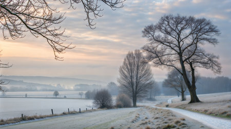 A picturesque winter scene with frost-covered fields, leafless trees, and a winding path at sunrise.の写真素材