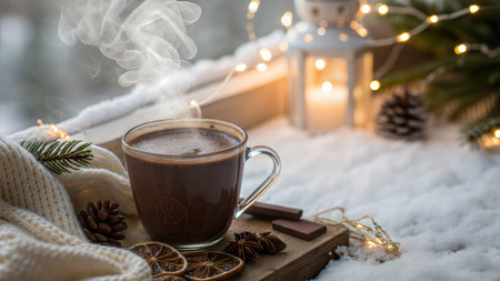 Cozy winter scene with a steaming cup of hot cocoa, surrounded by pine cones, lights, and a knitted blanket.の写真素材