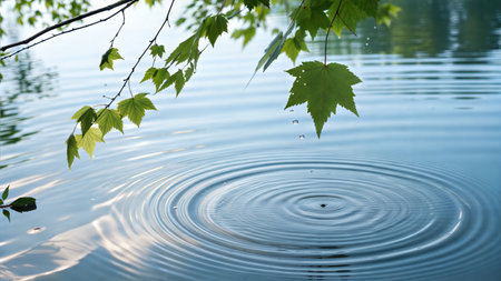 Water droplets falling from a maple leaf into a still lake creating concentric circles.の写真素材
