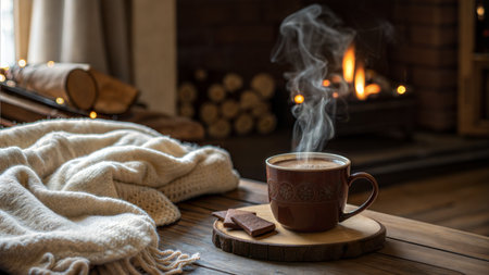 Warm beverage with cookies beside a fireplace on a cold winter day.の写真素材