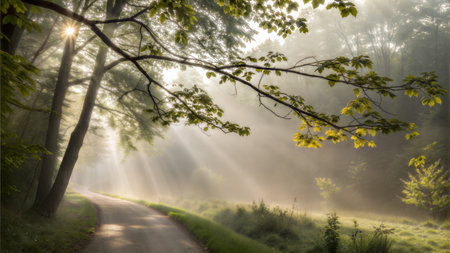 A sunlit path winds through a misty forest, sunbeams illuminating the scene. Lush green foliage and trees surround the path, creating a serene and magical atmosphere.の写真素材
