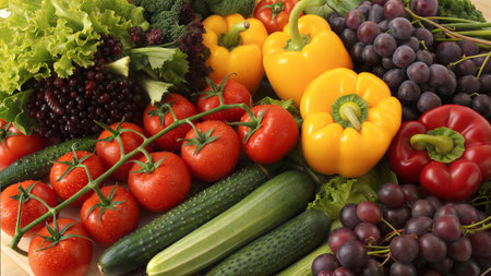 A colorful assortment of fresh vegetables and fruits, including tomatoes, cucumbers, peppers, grapes, and lettuce.の写真素材