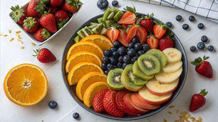 A colorful and healthy fruit platter with strawberries, oranges, kiwi, blueberries and apples.の写真素材