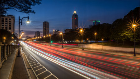 Long exposure shot of traffic speeding past the downtown Atlanta skyline at night.の写真素材