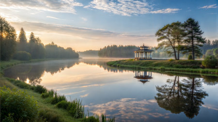 Serene sunrise over a tranquil lake with a gazebo and lush greenery, reflecting in the still water.の写真素材