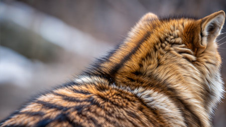 Detailed view of a wolf's thick, textured fur, showcasing its rich brown and black tones. The animal's back and part of its ear are visible, creating a sense of depth and texture.の写真素材
