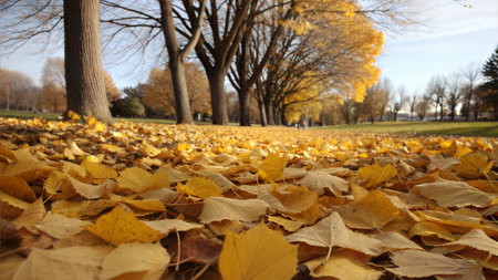 Ground covered with fallen golden leaves in a park with trees in the background.の写真素材