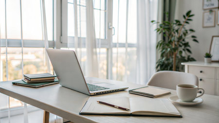Bright workspace near a window with a laptop, notebooks, and coffee. Perfect for remote work or studying.の写真素材