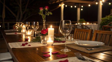 Candles, roses, and wine glasses set the scene for a romantic dinner under the stars.の写真素材