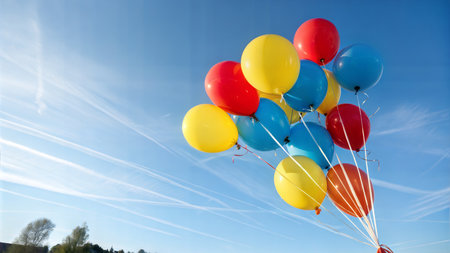 A bunch of red, yellow, and blue balloons float against a clear blue sky with thin clouds.の写真素材