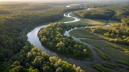 A scenic aerial shot of a river snaking through lush greenery, bathed in the soft light of dawn or dusk. The calm water reflects the surrounding trees.の写真素材