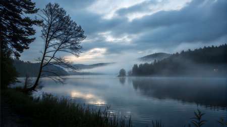 Serene landscape of a lake shrouded in mist at sunrise, with a lone tree in the foreground.の写真素材