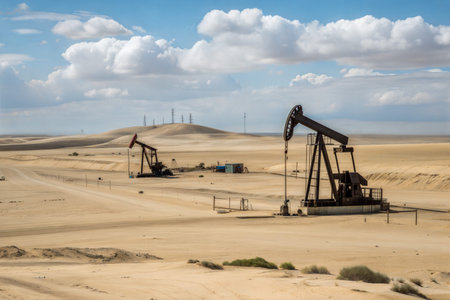 Two oil pumpjacks operate in a vast, sandy desert under a partly cloudy sky.の写真素材