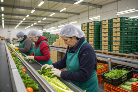Three women in hairnets and gloves sort fresh broccoli, lettuce on a conveyor belt in a warehouse.