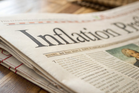 Close-up of a newspaper with a headline about inflation. The newspaper is on a wooden table.の写真素材