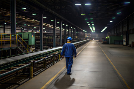 A lone worker in a hard hat walks down a long factory floor with a conveyor belt. The image is dark and moody.の写真素材