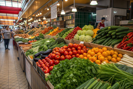 Vibrant display of fresh vegetables and fruits at a bustling market.  A variety of colors and textures are seen in the abundant produce.の写真素材