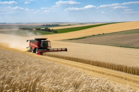 A red combine harvester cuts and harvests ripe wheat in a vast field under a blue sky with fluffy...