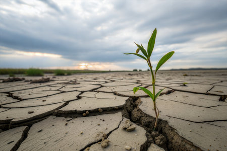 A single plant sprout emerges from dry, cracked earth under a cloudy sky.  Symbol of resilience and hope.の写真素材