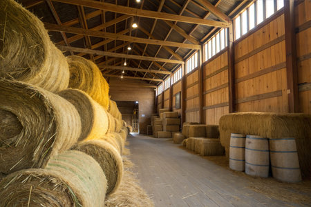 Large round hay bales are stacked inside a rustic wooden barn, lit by sunlight streaming through...