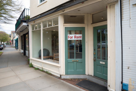 A teal-doored commercial space available for rent in a charming, historic neighborhood. The storefront features large windows and ample street visibility.の写真素材