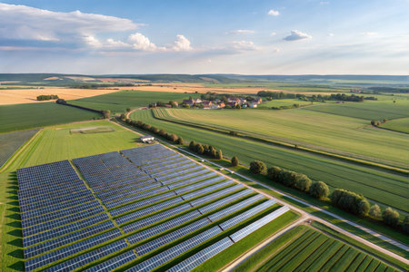 A large solar panel farm sits amongst fields of crops, showcasing sustainable energy and...