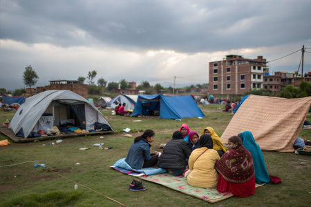 A group of women sit together in a refugee camp, surrounded by tents and buildings in the background under a cloudy sky.の写真素材