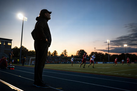 Silhouette of a football coach observing his team practice at sunset. The coach stands on the...