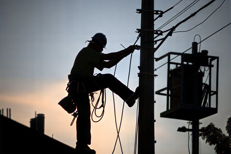 A silhouette of an electrician working on a power line at sunset. The image is striking and dramatic.の写真素材