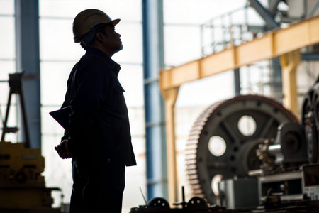 Silhouette of a factory worker in hardhat, holding a tablet, standing in a large industrial...
