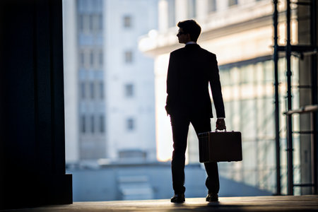 Silhouette of a businessman walking in the city with a briefcase.の写真素材