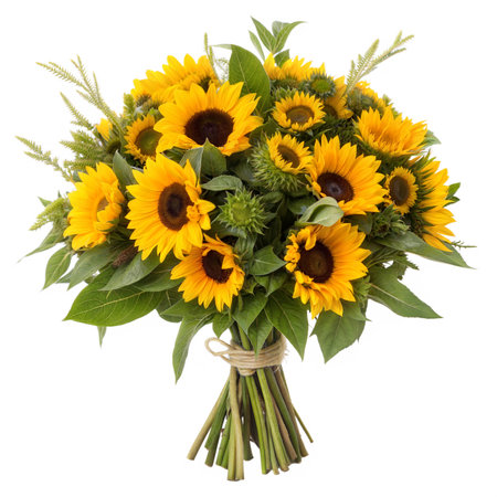A vibrant bouquet of sunflowers, tied with twine,  perfect for summer.の写真素材