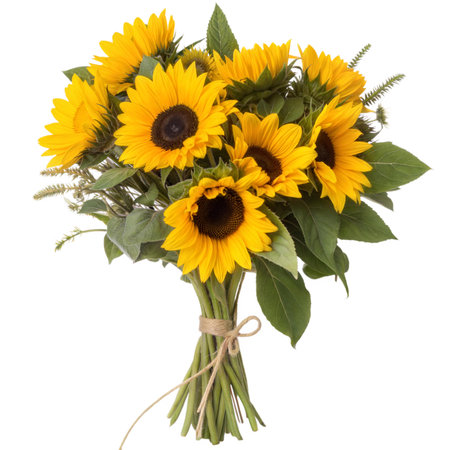 A beautiful bouquet of sunflowers tied with twine, perfect for any occasion.の写真素材