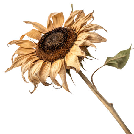 Close-up of a dried sunflower with its petals shriveled and its stem showing signs of age. Isolated on a black background.の写真素材