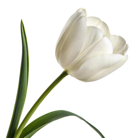 Close-up of a single white tulip flower against a black background. The image showcases the delicate petals and stem.の写真素材