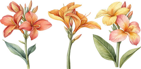 Three watercolor paintings of Canna lilies in varying colors and stages of bloom. Botanical illustration style.のイラスト素材